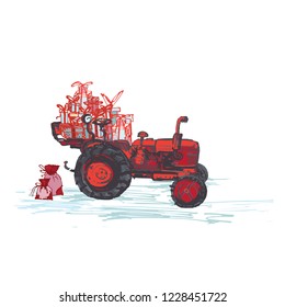 Festive New Year 2019 card. Red tractor with holiday gifts isolated on white background. Vector illustrations