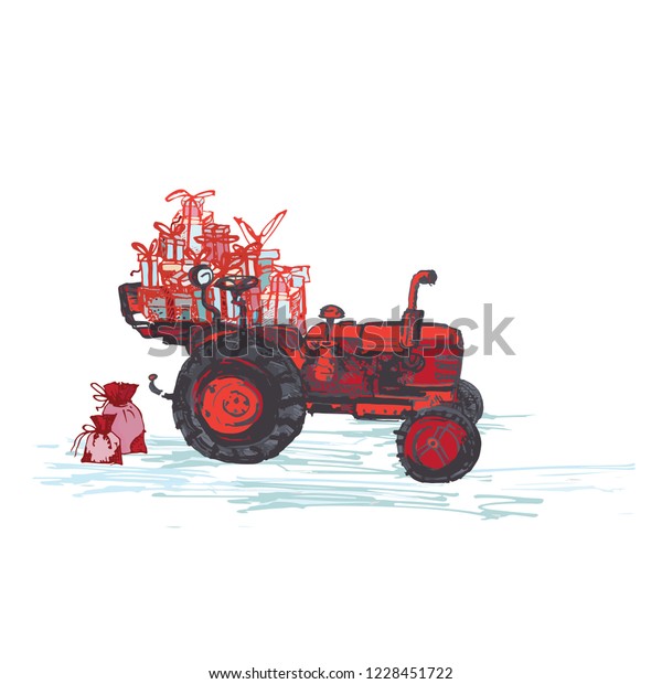 Festive New Year\
2019 card. Red tractor with holiday gifts isolated on white\
background. Vector\
illustrations