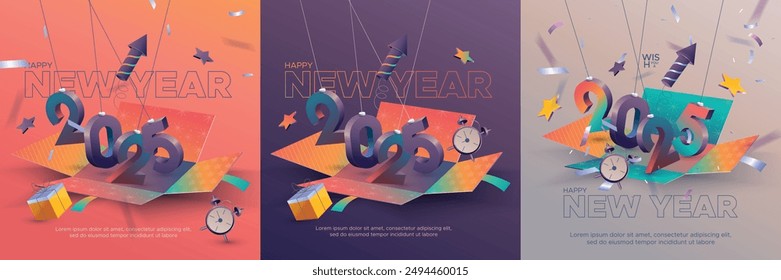 A festive New Year 2025 celebration with 3D hanging numbers on an open gift box. 2025 new year celebration square template