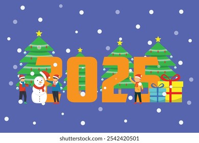 Festive New Year 2025 Celebration with Christmas Trees, Snowman, and Gifts 2d flat vector illustrations