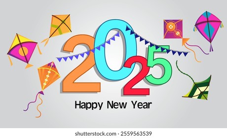 A festive New Year 2025 design featuring bold colorful 2025 surrounded by vibrant kites a string of flags and Happy New Year text blending Makar Sankranti's joyous spirit