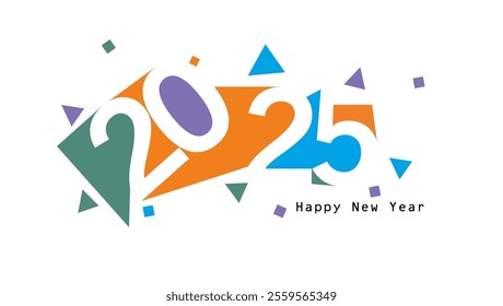 A festive New Year 2025 design featuring bold, colorful 2025 with unique geometric shapes playful triangles and squares and Happy New Year text below for a lively celebration