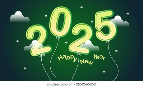 A festive New Year 2025 design featuring light green balloon style 2025 floating among fluffy clouds with strings ribbons and Happy New Year text below in a playful font