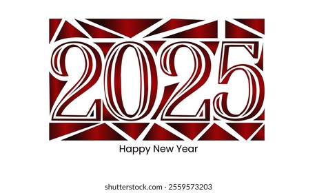 A festive New Year 2025 design featuring bold metallic red 2025 with a textured geometric background and Happy New Year text below creating a luxurious celebratory look