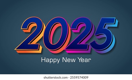 A festive New Year 2025 design featuring bold 3D 2025 in a blue orange pink purple gradient Happy New Year text below and a dark blue background for contrast