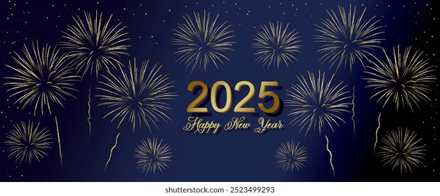 A festive New Year 2025 graphic featuring golden fireworks bursting across a deep, elegant navy blue background. The design prominently showcases the numbers "2025" in bold gold.