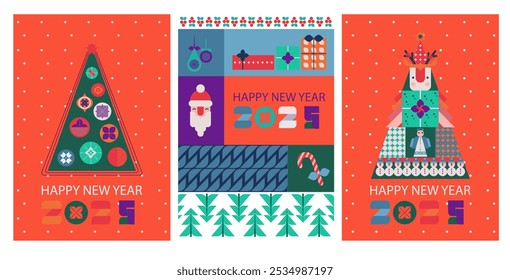 A festive New Year 2025 greeting card featuring a modern abstract Christmas tree and decorative patterns. Vibrant colors and playful elements capture the holiday spirit. Vector illustration