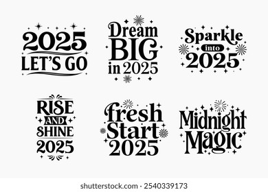 A festive New Year 2025 typography vector bundle in gold, featuring celebratory messages like Cheers to the New Year,Hello, 2025,and more. Perfect for holiday greetings, New Year events, 