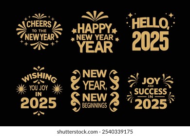 Um festivo pacote de vetor de tipografia de Ano Novo 2025 em ouro, com mensagens comemorativas como Cheers to the New Year,Hello, 2025 e muito mais. Perfeito para saudações de férias, eventos de Ano Novo, 