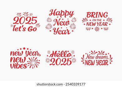 A festive New Year 2025 typography vector bundle in gold, featuring celebratory messages like Cheers to the New Year,Hello, 2025,and more. Perfect for holiday greetings, New Year events, 