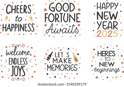 A festive New Year 2025 typography vector bundle in gold, featuring celebratory messages like Cheers to the New Year,Hello, 2025,and more. Perfect for holiday greetings, New Year events, 