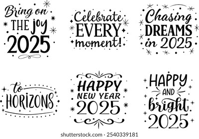 A festive New Year 2025 typography vector bundle in gold, featuring celebratory messages like Cheers to the New Year,Hello, 2025,and more. Perfect for holiday greetings, New Year events, 