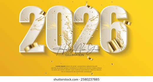 Festive New Year 2026 celebration background featuring bold 3D numbers with a luxurious marble texture and golden accents.