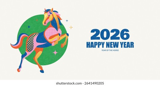 Festive New Year 2026 greeting design with a dynamic stylized horse in a green circle, adorned with patterns and stars, for Year of the Horse celebration,on white background, vector illustration