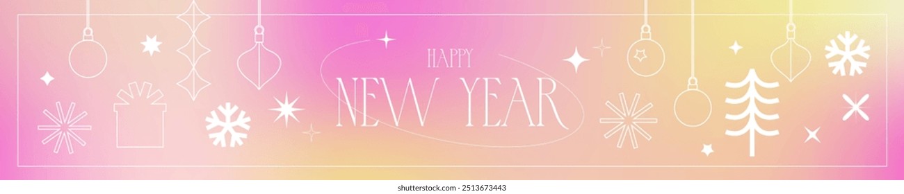 Festive New Year abstract banner in y2k style. Year of the snake 2025. Blurred background, gradient mesh. Geometric shapes, snowflakes, Christmas balls, tree, gift box, stars. Vector stock illustratio