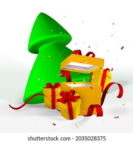 Festive New Year Background. 3D render and draw by mesh xmas tree with gift boxes and confetti. Vector illustration.