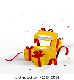 Festive New Year Background. 3D render and draw by mesh gift boxes and confetti. Vector illustration.