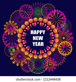 Festive new year background with abstract fireworks in the night sky. Postcard. Vector illustration.