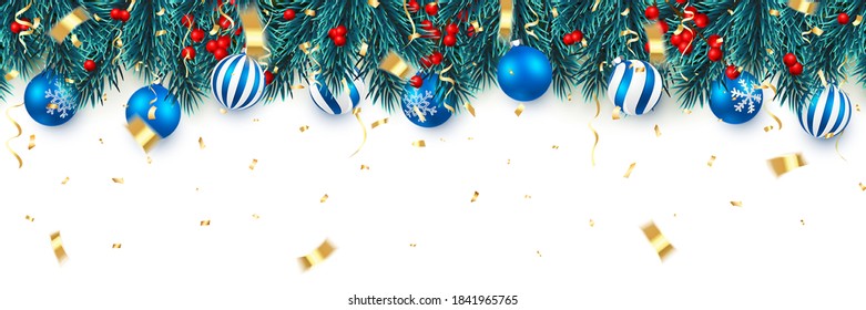 Festive New Year Background. Christmas tree branches with holly berries, confetti and xmas balls. Holiday's Background. Vector illustration.