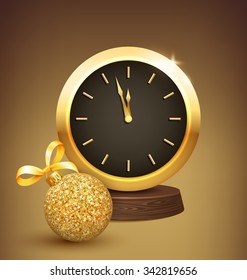 Festive New Year Background with Golden Christmas Ball and Clock