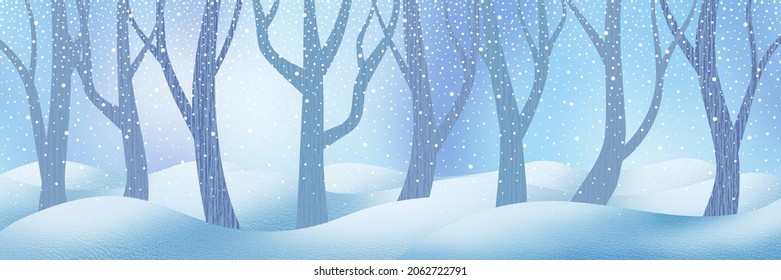 Festive New Year background. Winter forest, drifts, it is snowing.