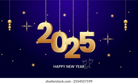  A festive New Year card with 2025 in golden numbers hanging on strings a dark blue background golden stars ornaments and Happy New Year text below






