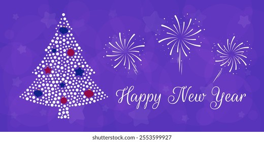A festive New Year card featuring a beautifully decorated Christmas tree and vibrant fireworks lighting up the sky. Perfect for holiday greetings, seasonal celebrations, or spreading New Year cheer.