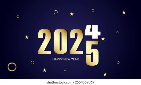  A festive New Year card featuring 2025 in golden numbers on a dark blue background adorned with golden stars and circles Happy New Year is written below






