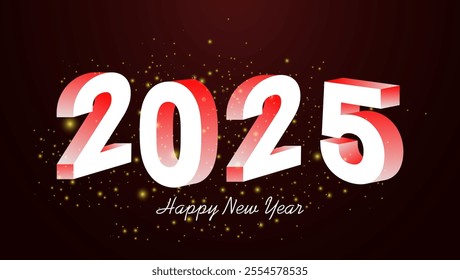 A festive New Year card featuring 2025 in white 3D numbers with a red glow on a dark red background Golden sparkles add charm with Happy New Year in a stylish font below






