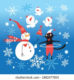 Festive new year card with funny snowmen and a cat on a blue background with snowflakes. Example of a holiday card with a cat and snowmen for Christmas and New year