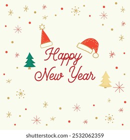 A festive New Year card with Happy New Year written in elegant red script, surrounded by Christmas hats, small decorated trees, and colorful confetti. Perfect for holiday greetings