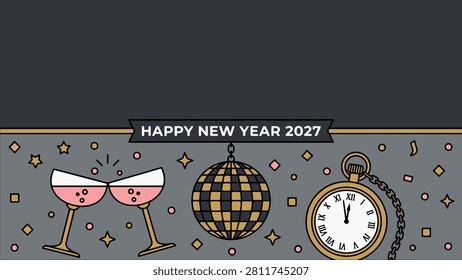 Festive new year celebration with clinking champagne glasses golden disco ball and pocket watch featuring happy new year 2027 banner