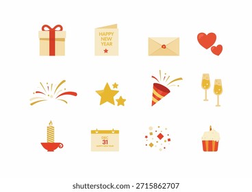 Festive New Year Celebration Flat Icons Set.