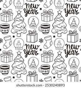 Festive New Year celebration pattern filled with Christmas trees, gifts, and holiday cheer. A decorative design features Christmas elements celebrating the New Year with joy and festivity.