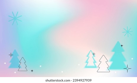 Festive New Year and Christmas abstract banner in y2k style with copy space.Blurred Christmas tree and snowflake.Delicate gradient and black sparks.Vector stock illustration.