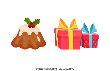 Nuevo año festivo y atributo navideño con muffin al horno y vectores de caja de regalo envuelto