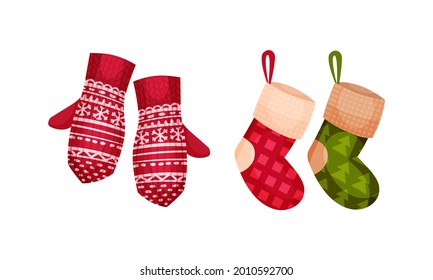 Festive New Year and Christmas Attribute with Hanging Stocking and Knitted Mittens Vector Set