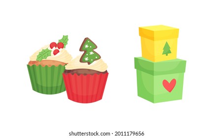 Festive New Year and Christmas Attribute with Cupcake and Gift Boxes Vector Set