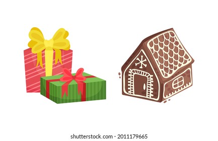 Festive New Year and Christmas Attribute with Gingerbread House and Wrapped Gift Box Vector Set