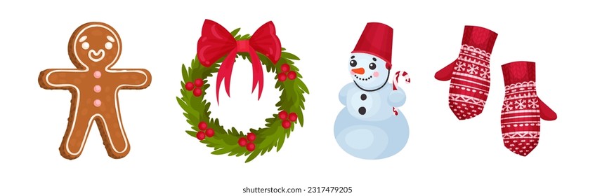 Festive New Year and Christmas Attribute with Gingerbread Man, Wreath, Snowman and Mittens Vector Set