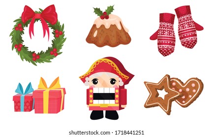 Festive New Year and Christmas Attributes with Nutcracker Toy and Ornamental Mittens Vector Set