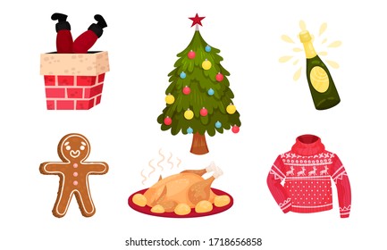 Festive New Year and Christmas Attributes with Gingerbread Man and Decorated Fir Tree Vector Set