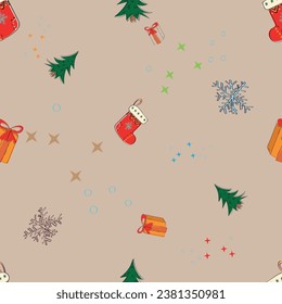 festive New Year Christmas background seamless pattern with different objects vector
