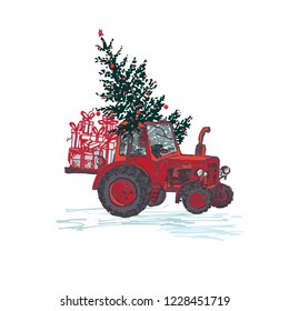 Festive New Year Christmas card. Red tractor with fir tree decorated red balls and holiday gifts isolated on white background. Vector illustrations