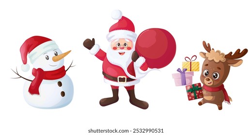 Festive New Year and Christmas characters with gifts, Santa Claus, cute deer, snowman, in a vector set