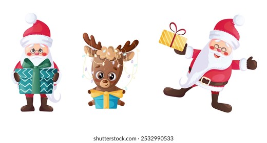 Festive New Year and Christmas characters with gifts, Santa Claus, cute deer in vector set