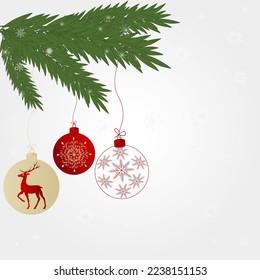 Festive New Year and Christmas greeting background with realistic Christmas tree branches and snowflakes and balls. Can be used as a web banner, poster, postcard, greeting card