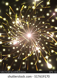 Festive New Year and Christmas patterned firework bursting in various shapes sparkling pictograms set against black background abstract vector illustration. Happy new year 2017.