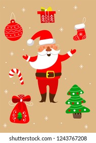 Festive new year and Christmas set with Santa Claus, vector illustration