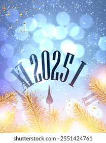 A festive New Year clock showing 2025, surrounded by golden pine branches, confetti, and sparkling lights on a blue bokeh background. Ideal for celebrations and holiday themes.